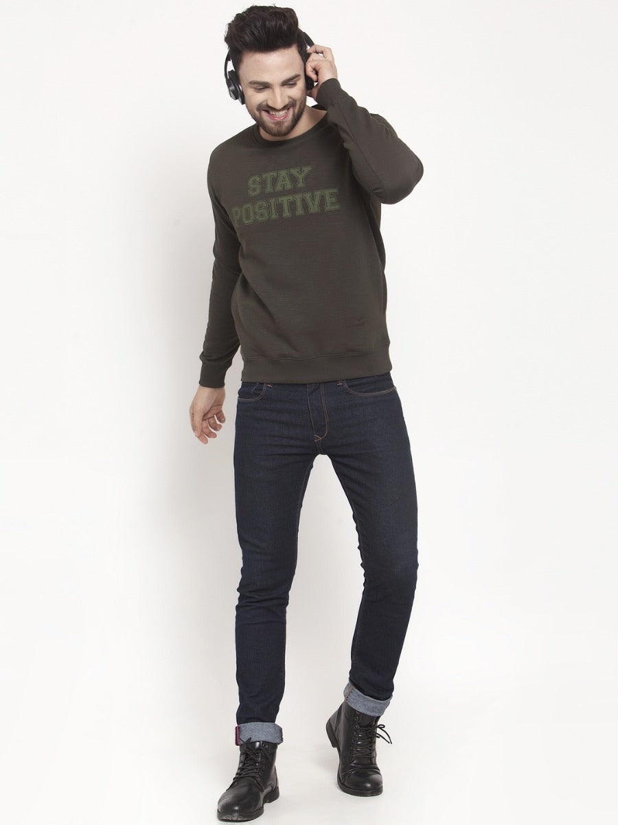 Mens Printed Olive Round Neck Sweat Shirt