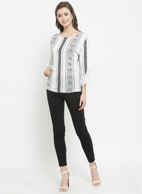 White Boat Neck Top With Printed Stripes