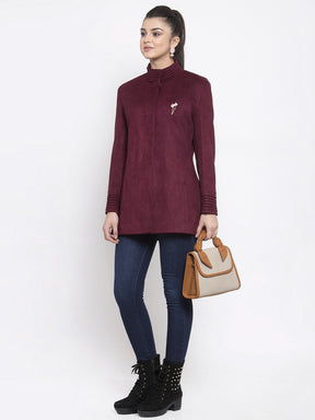 Women Solid Wine Faux Velvet Coat
