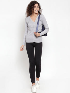 Women Solid Grey Cardigan With Pearls