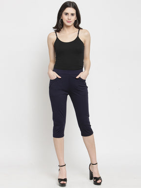 Women Skinny Fitted Navy Blue Solid Capri