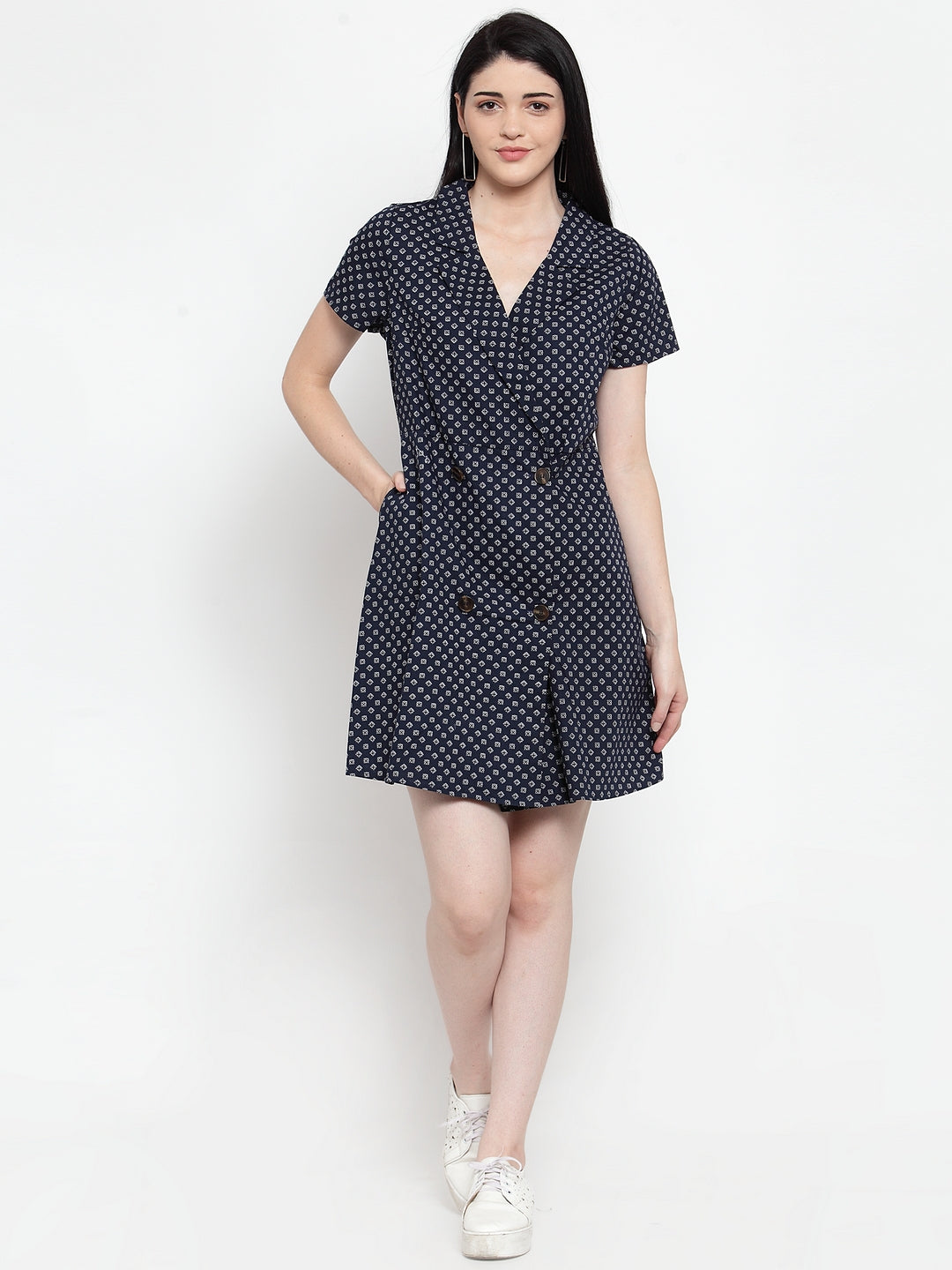 women navy blue floral printed dress