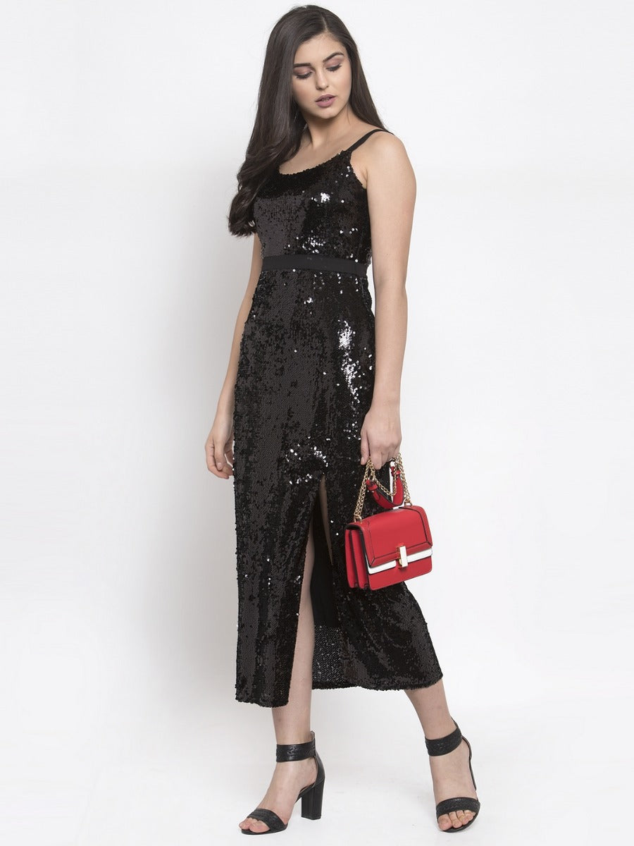 women sequinned black slim fit dress
