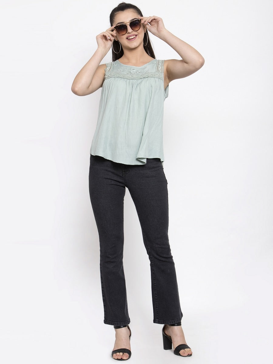 Women Solid Sea Green Round Neck Top With Crochet Lace And Embroidery