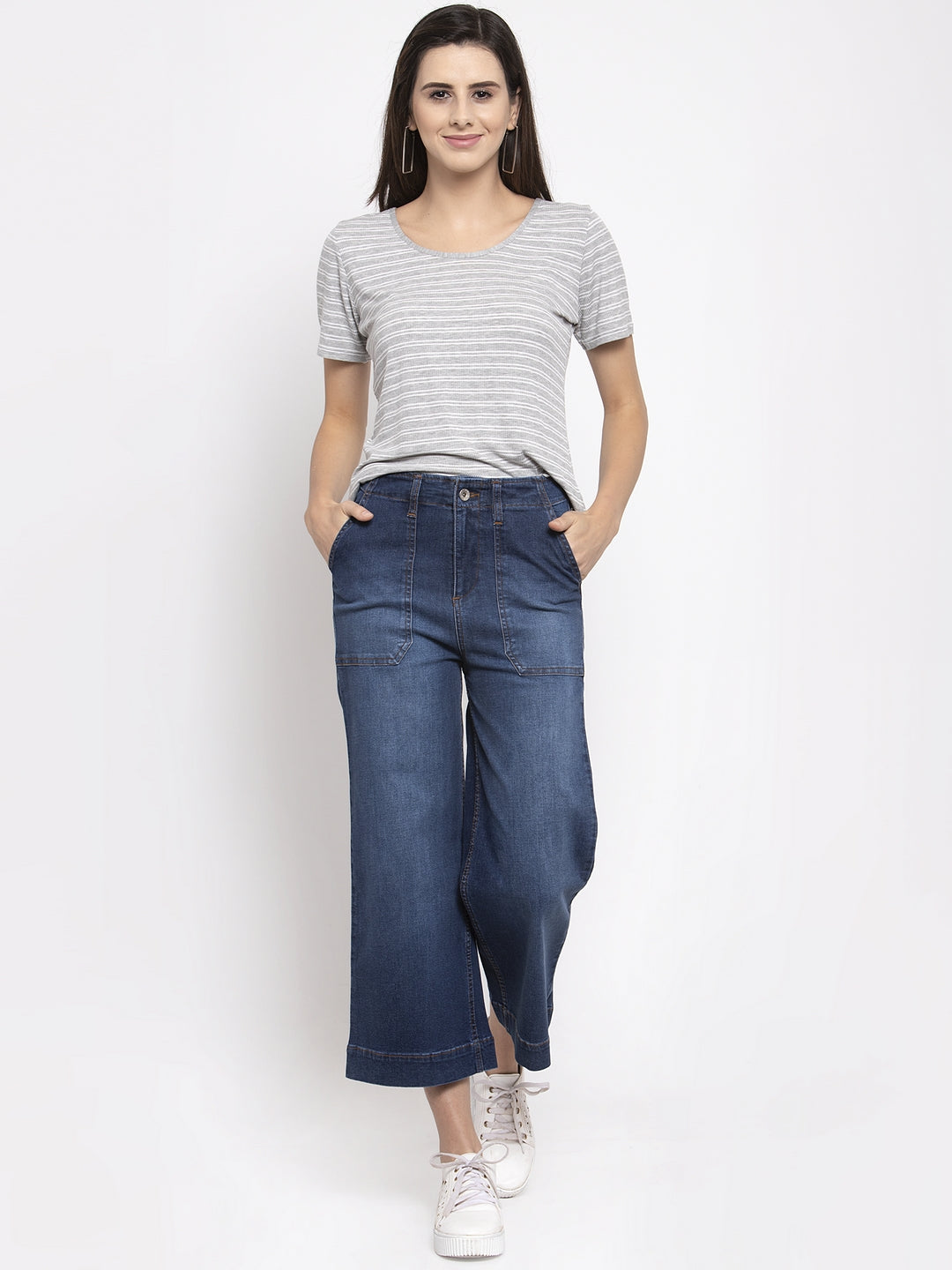 Women Solid Blue Denim Wide Leg Jeans