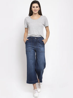Women Solid Blue Denim Wide Leg Jeans