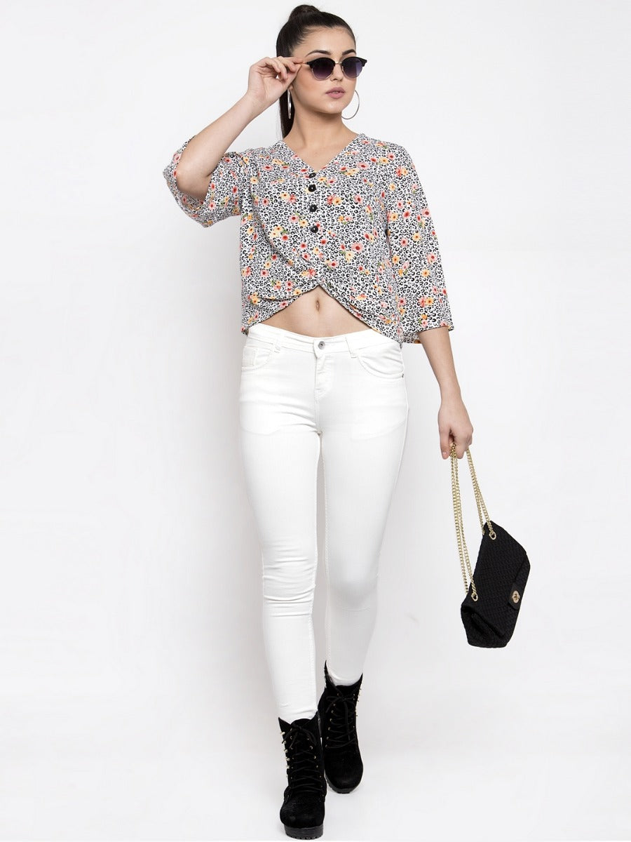 Women Printed White V-Neck Top With Flared Sleeve