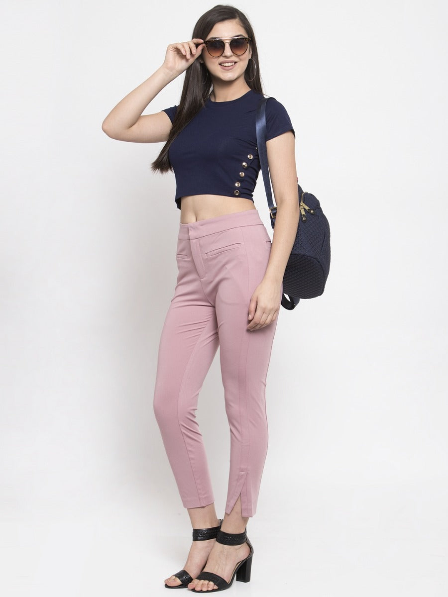 Women Solid Pink Cotton Trouser