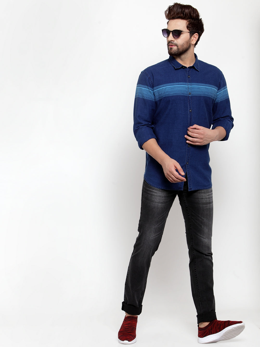 Men Blue Printed Denim Shirt