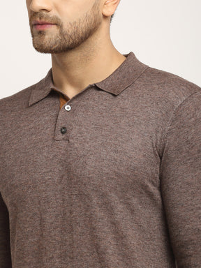 Men Brown Polo Neck Knit Solid Pullover