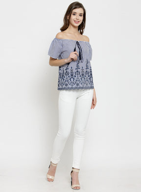 Women Embroidered Navy Blue Off Shoulder Top