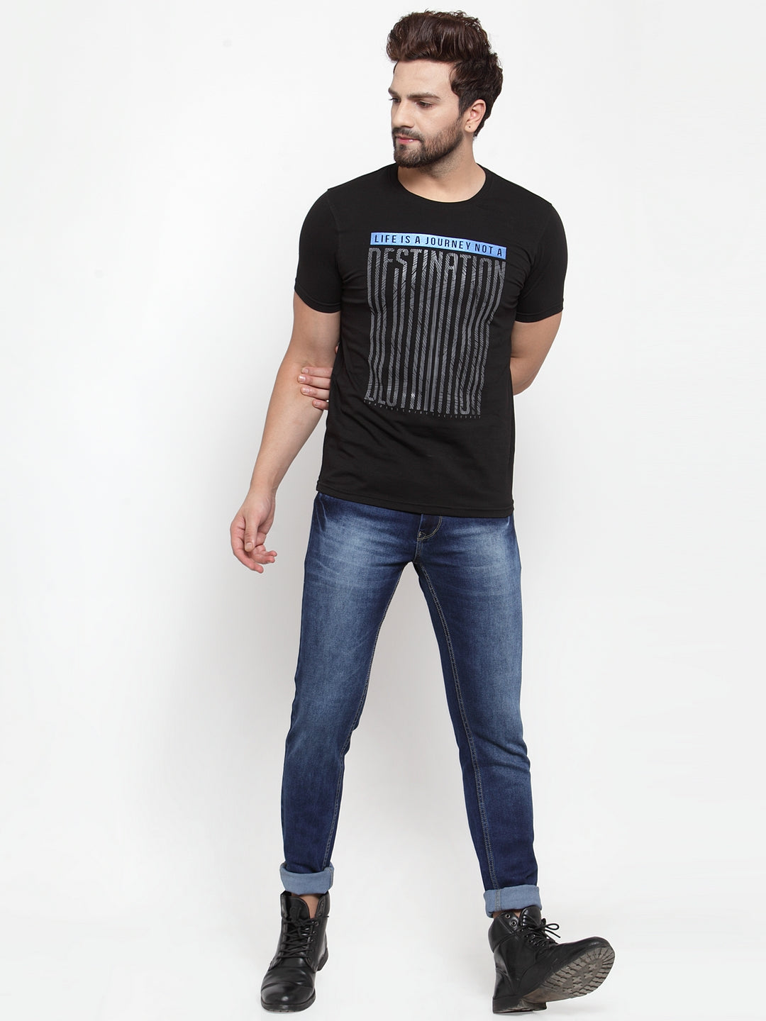 Mens Black Round Neck Printed T-Shirt