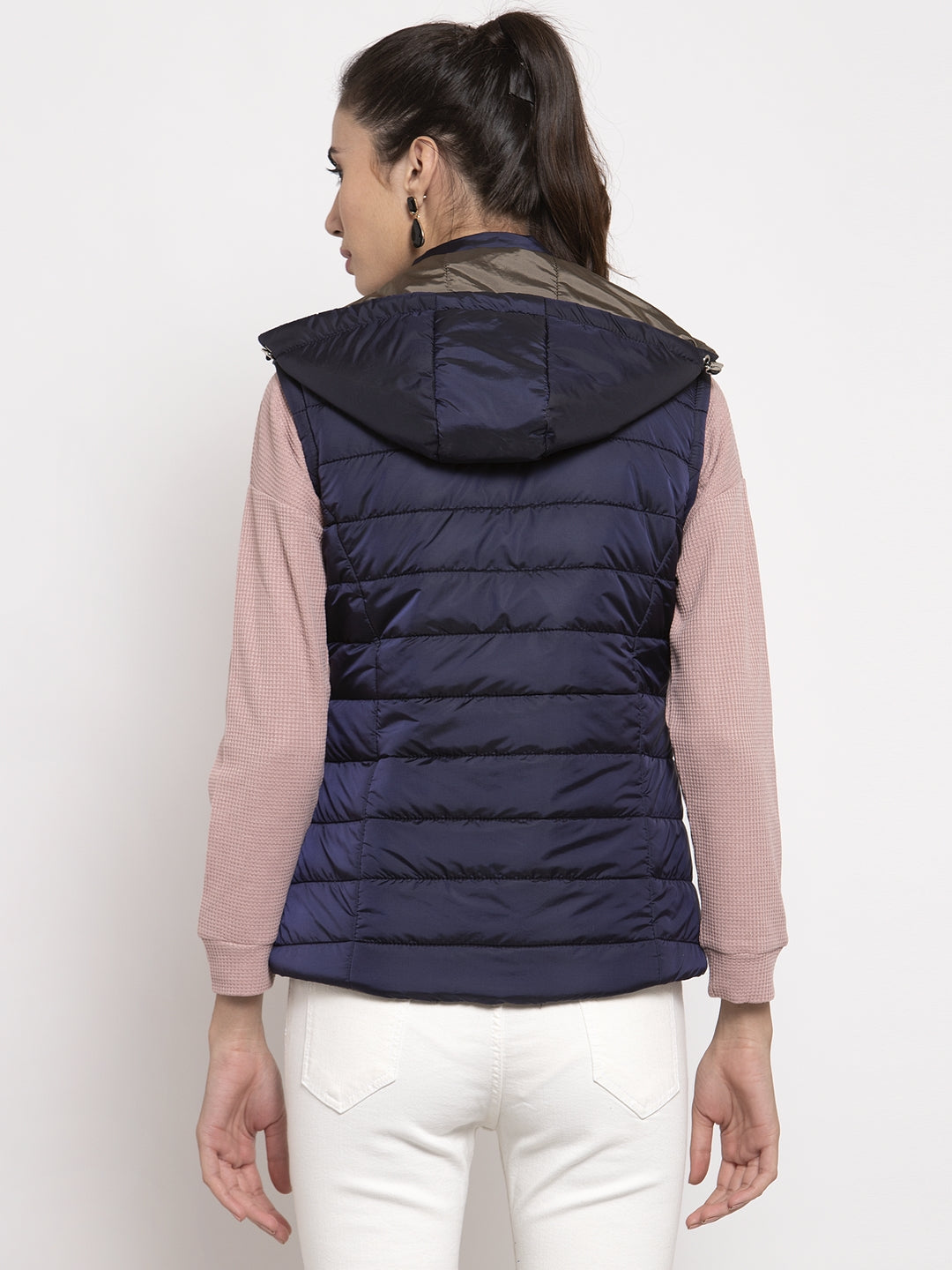Women Navy Blue Solid Hooded Reversible Jacket
