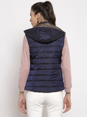 Women Navy Blue Solid Hooded Reversible Jacket