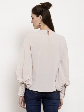 Women Straight Fit Bishop Sleeves Beige Top