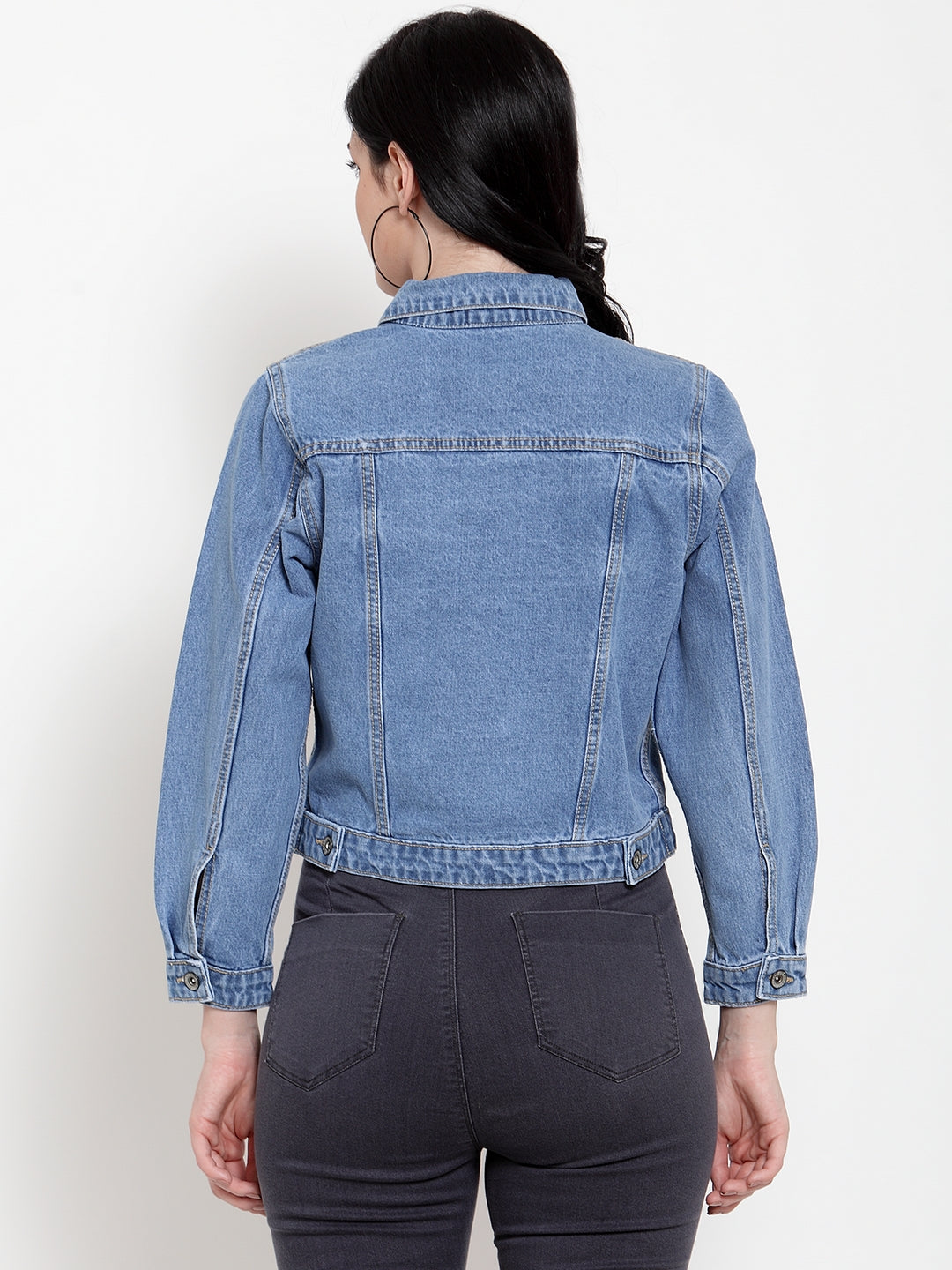 Women Blue Cotton Solid Jacket