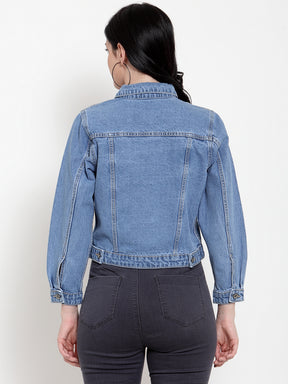 Women Blue Cotton Solid Jacket