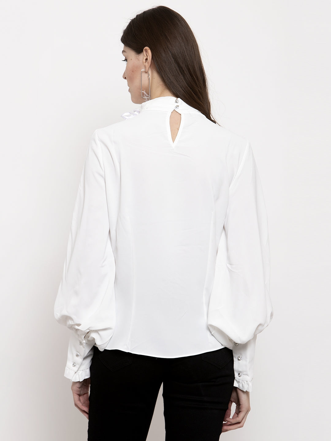 Women White Solid Round Neck Bishop Sleeves Top