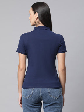 women navy blue polo embroidery t shirt