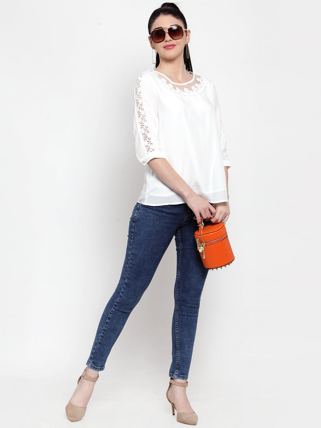 Women White Crape Blouse With Lace Detail