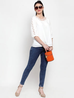 Women White Crape Blouse With Lace Detail
