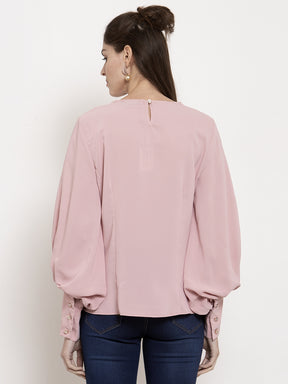 Ladies Pink Solid V-Neck Top