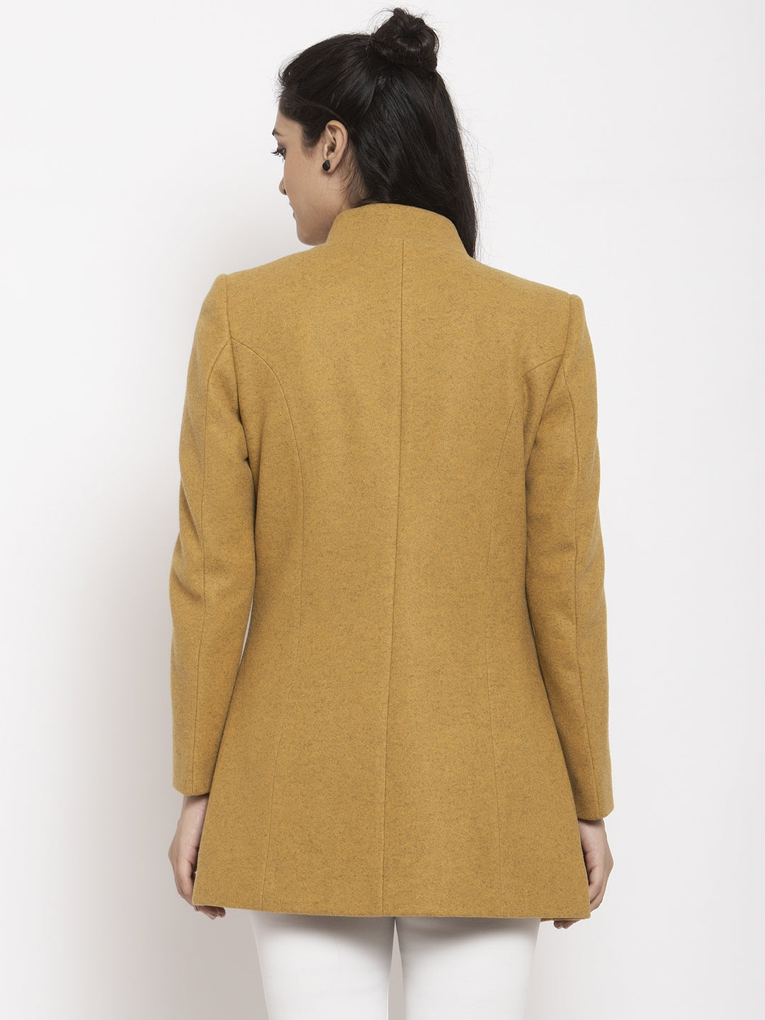 Women Mustard Long Sleeves Solid Coat