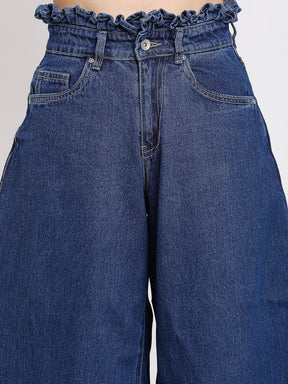 women blue denim solid calf length denim culottes