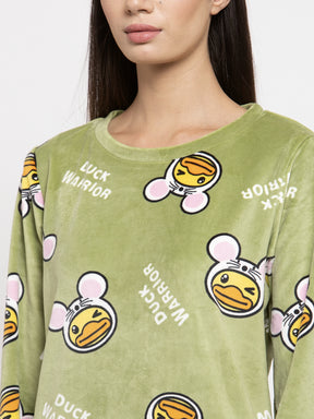 Women Green Printed Round Neck Night Suit