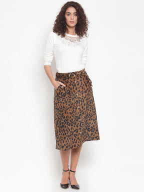 Women Solid Brown Cord Fabric Leopard Print Skirt