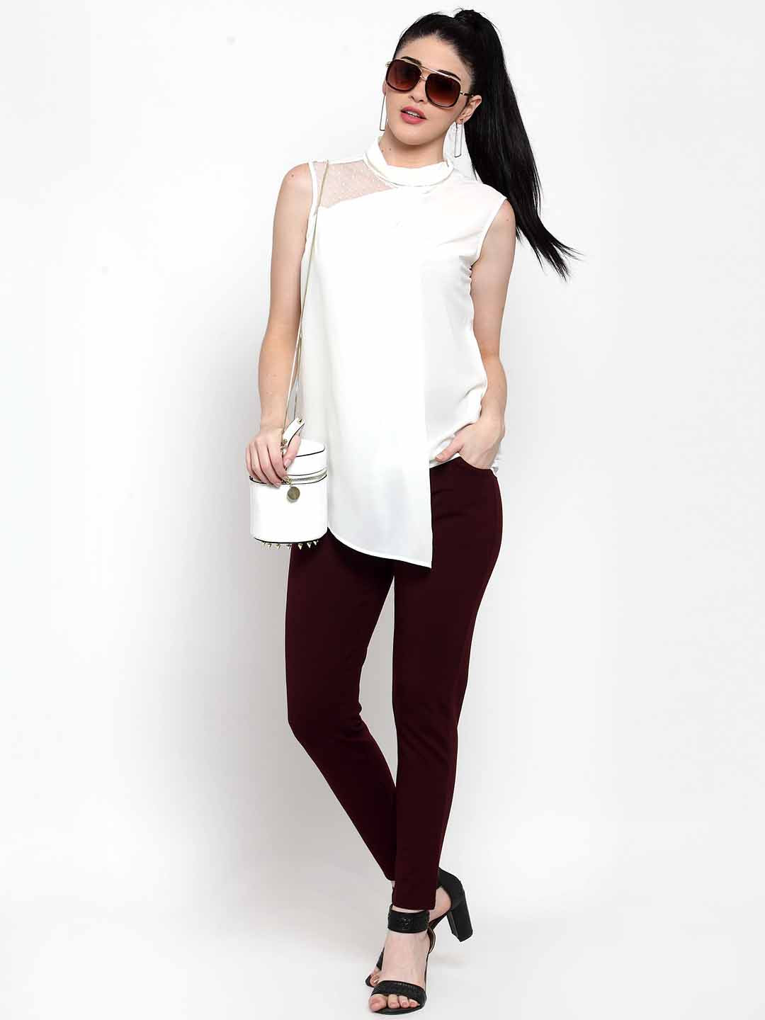 Women White Turtle Neck Asymmetric Hem Top