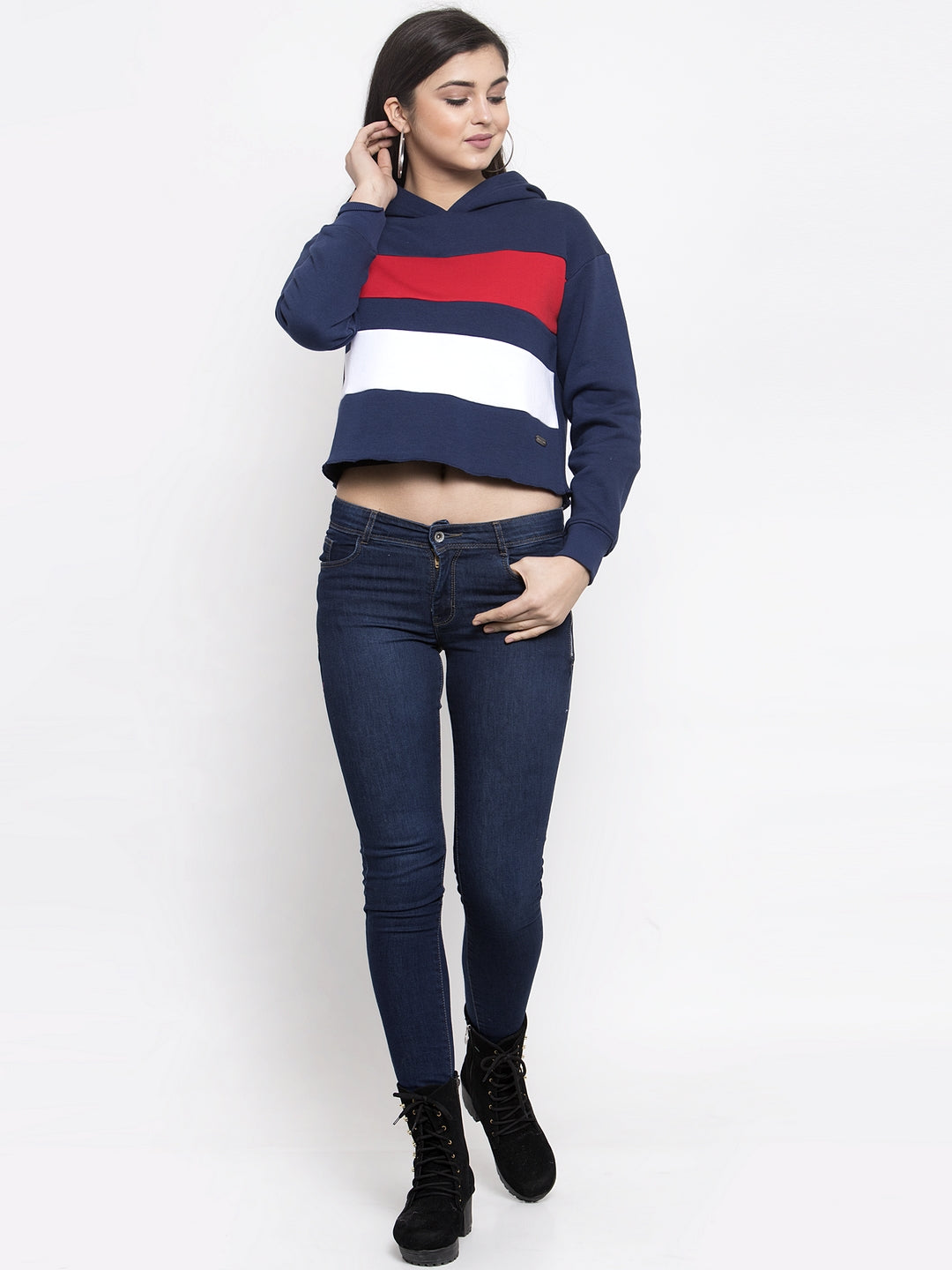 Women Navy Blue Hosiery Crop Length Sweatshirt