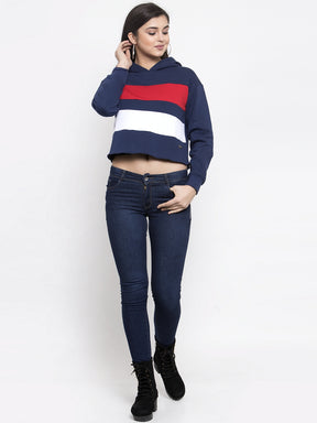 Women Navy Blue Hosiery Crop Length Sweatshirt