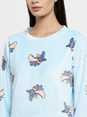 Women Blue Printed Round Neck Night Suit