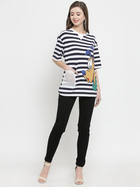 Women Navy Blue Striped Round Neck Regular Fit T-Shirts