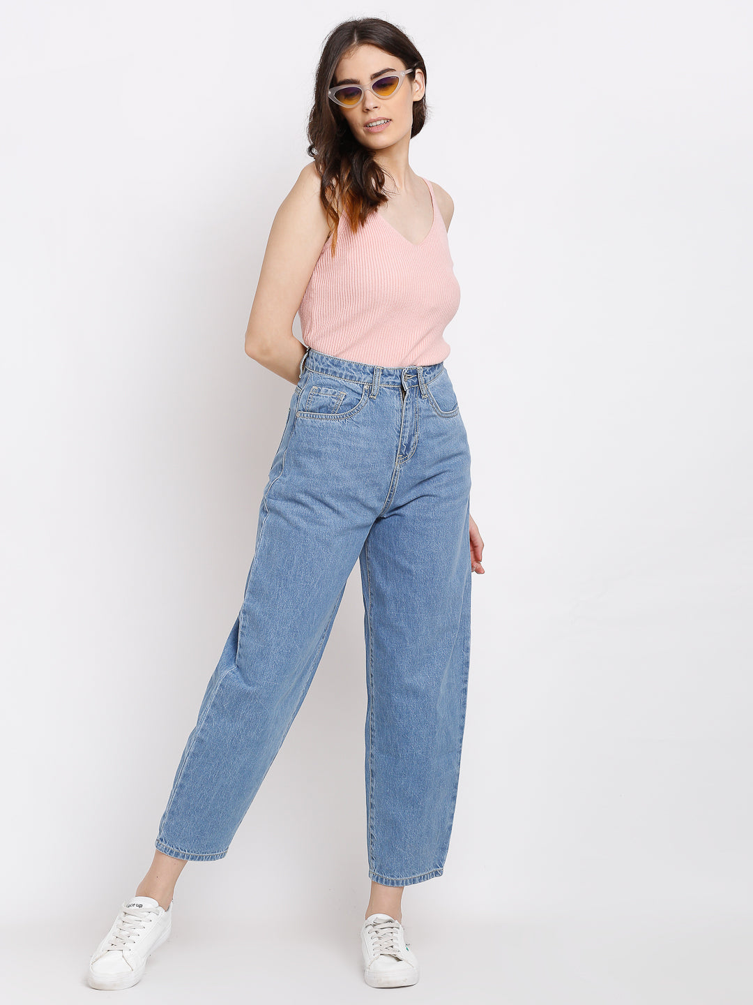 women blue baggy cropped length jeans