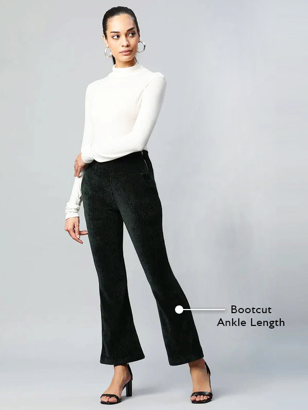 Bootcut Ankle Length Bottle Green Cordroy Jegging