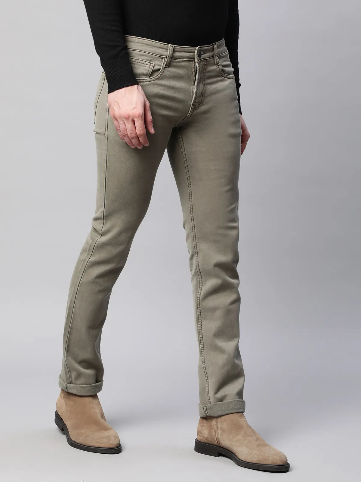Mens Olive Slim Fit Medium Stretch 5-Pocket Jeans