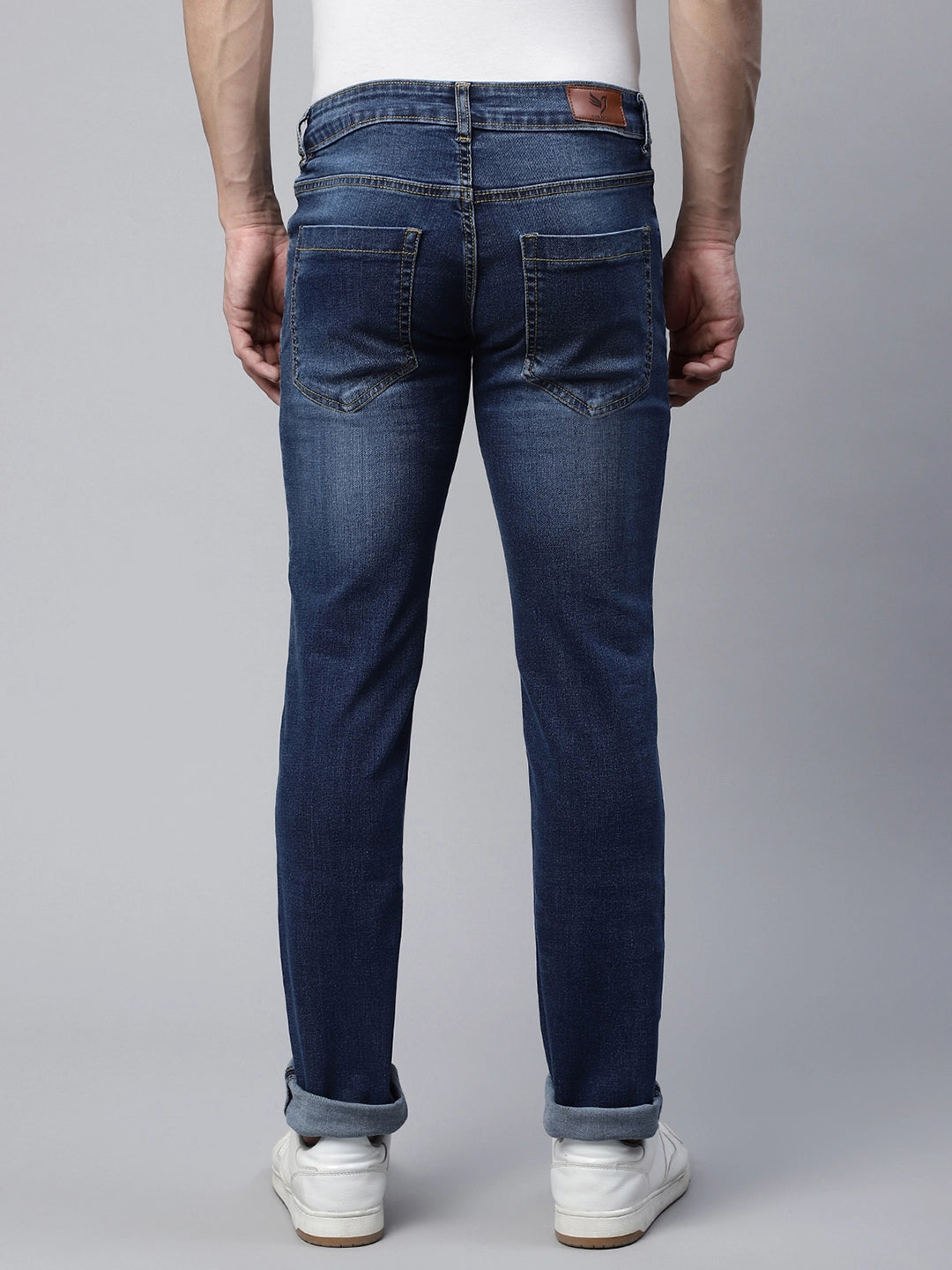 Mens Mid Blue Wiskering Effect Straight Leg Mid Rise Jeans