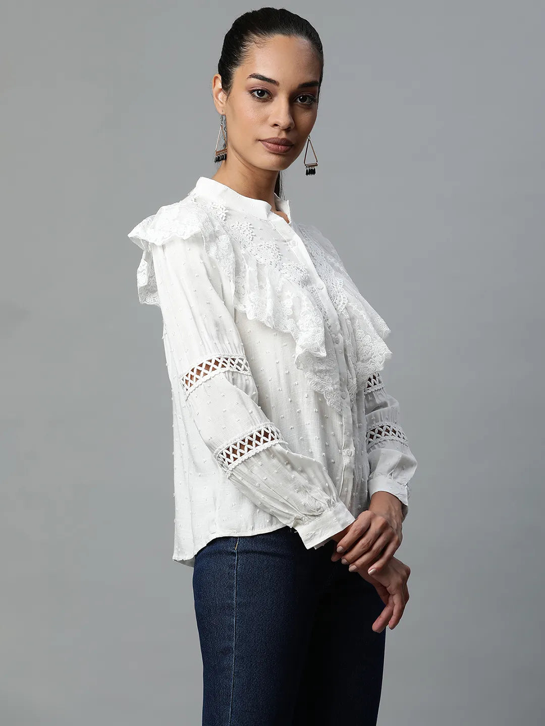 Women White Lace and Ruffle Cotton Blend Shirt