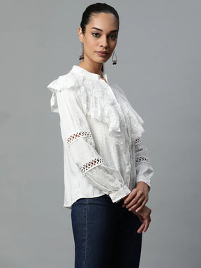 Women White Lace and Ruffle Cotton Blend Shirt
