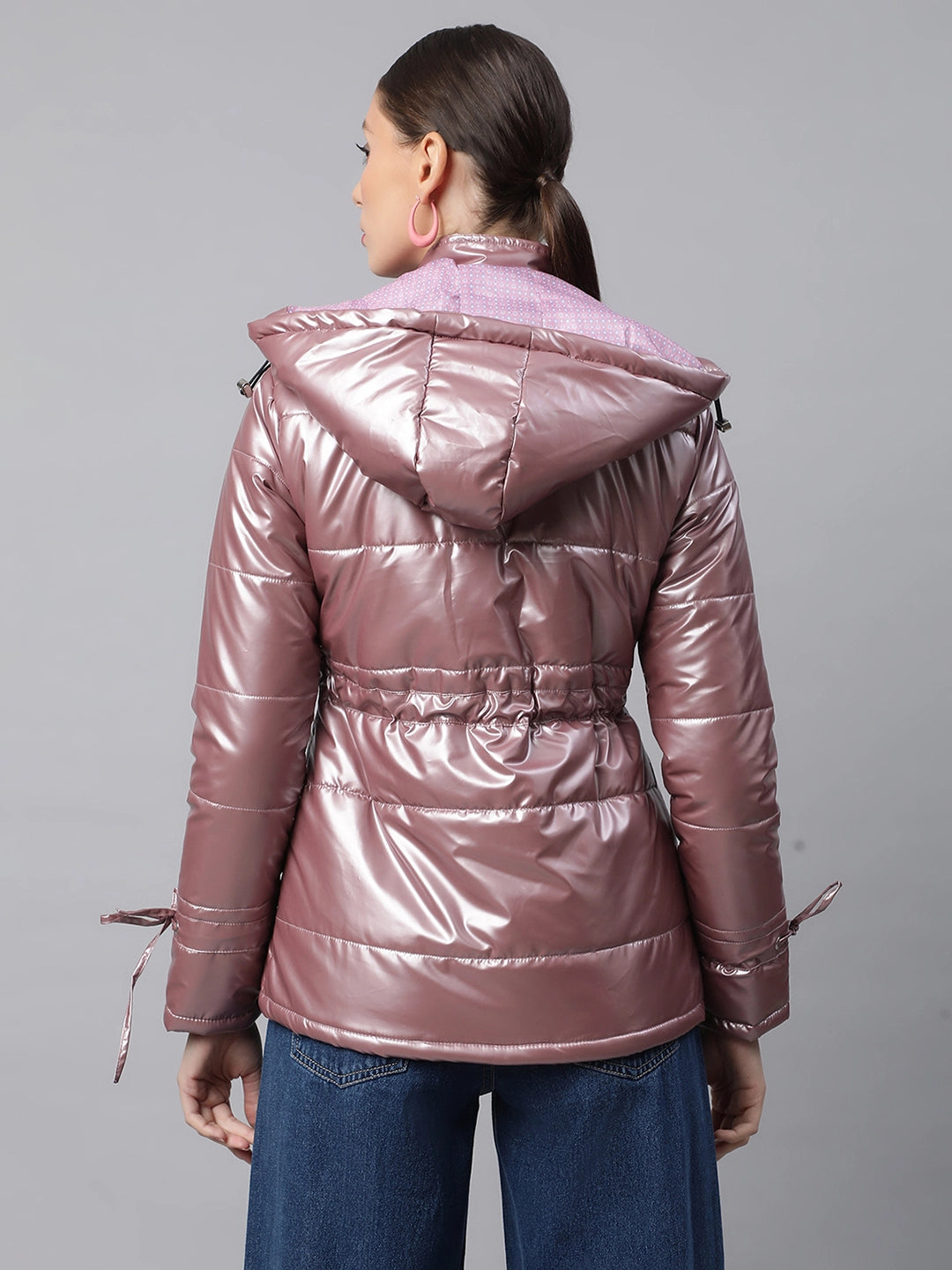 Women Coral Detachable Hood Metallic Puffer Jacket