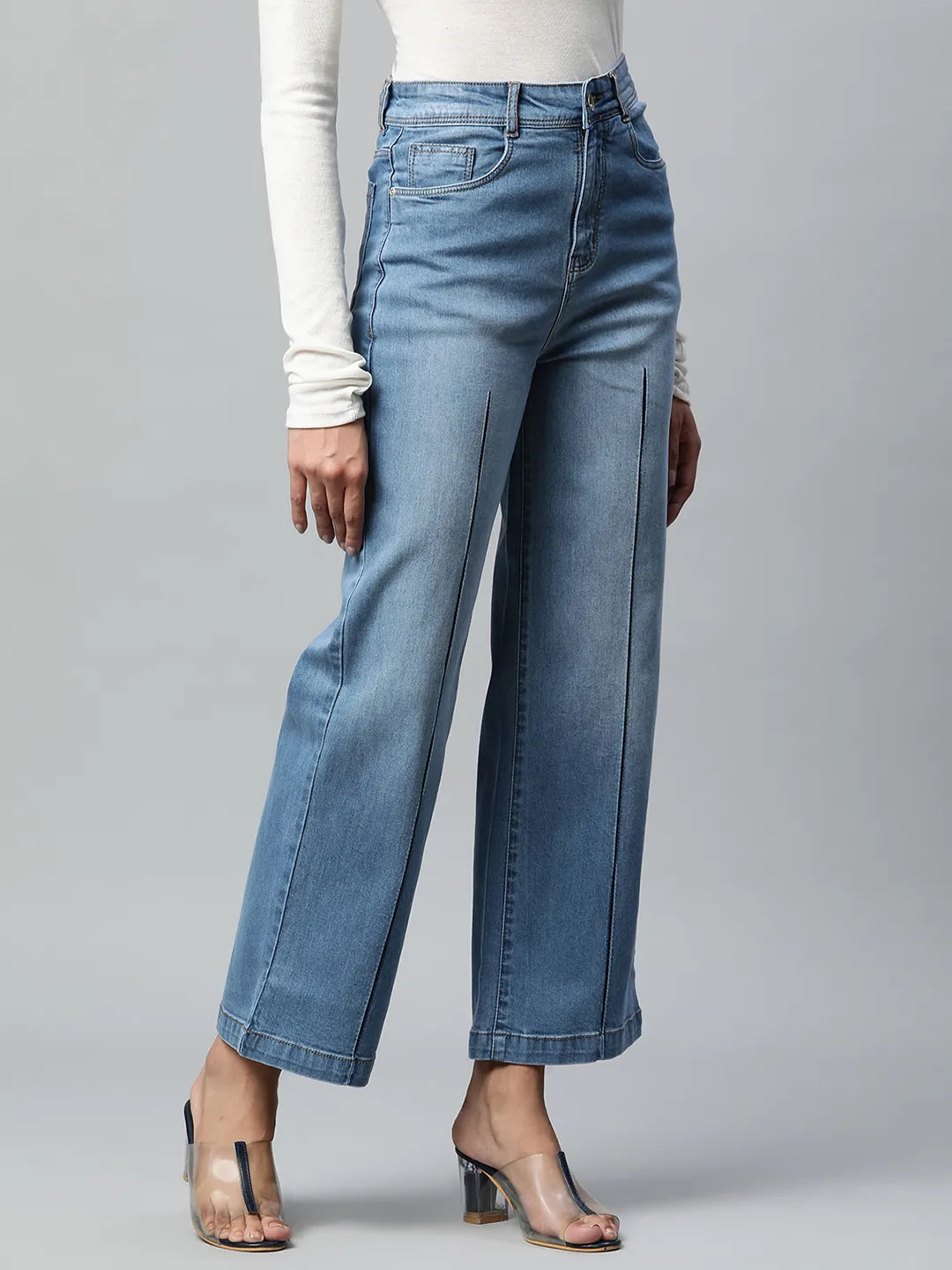 Women Full Length Wide Light Blue Stitch-Open Jeans - Global Republic