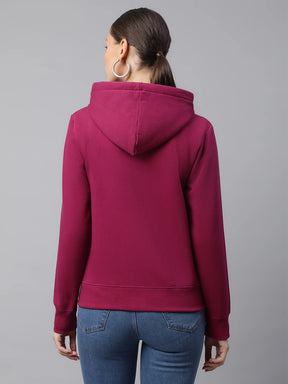 Women Plum Hooded Butterfly Printed Regular Fit Fleece Sweatshirt
