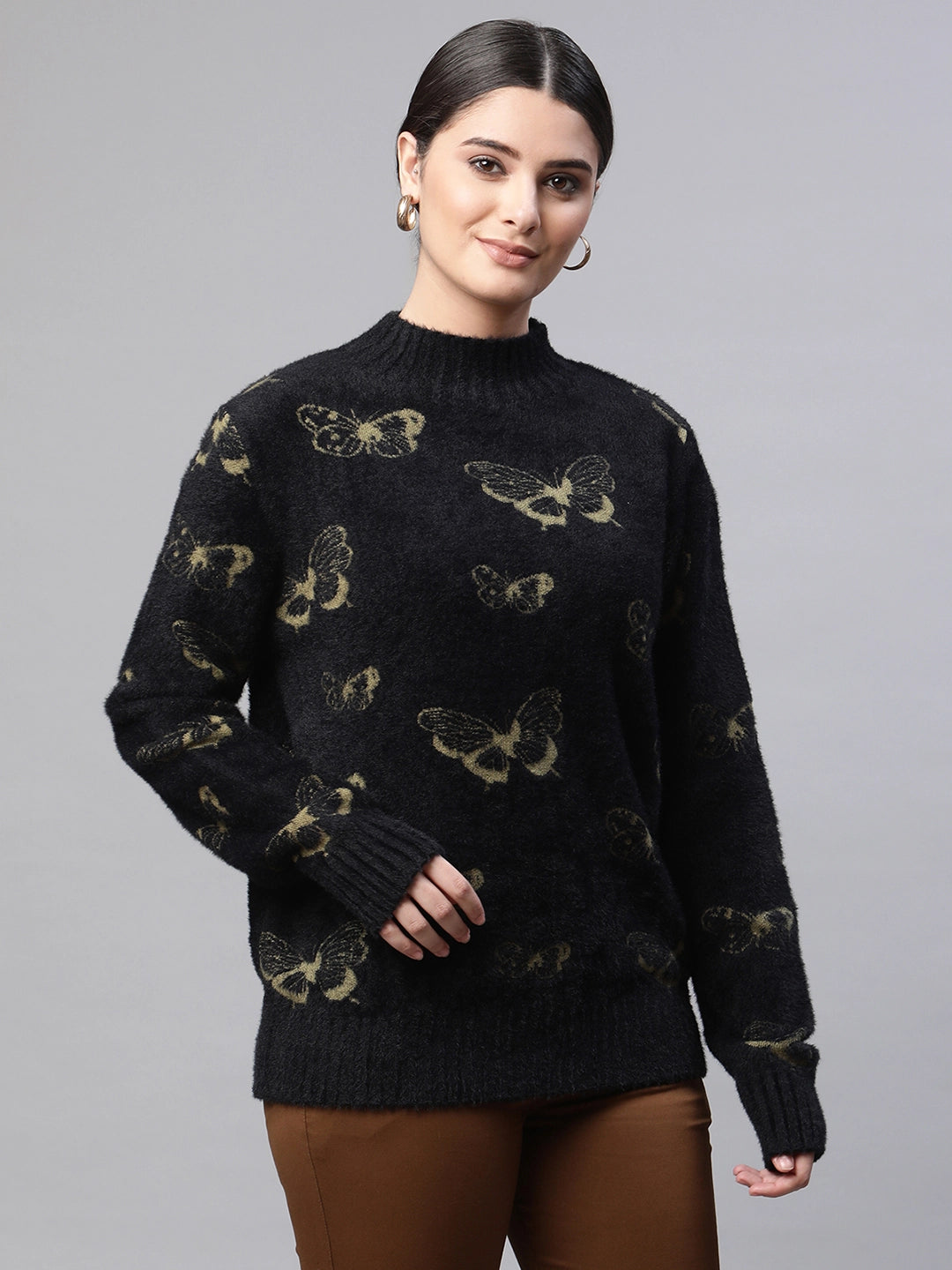 Buy  Fashionable Black Jacquard Knitted Butterfly Pullover