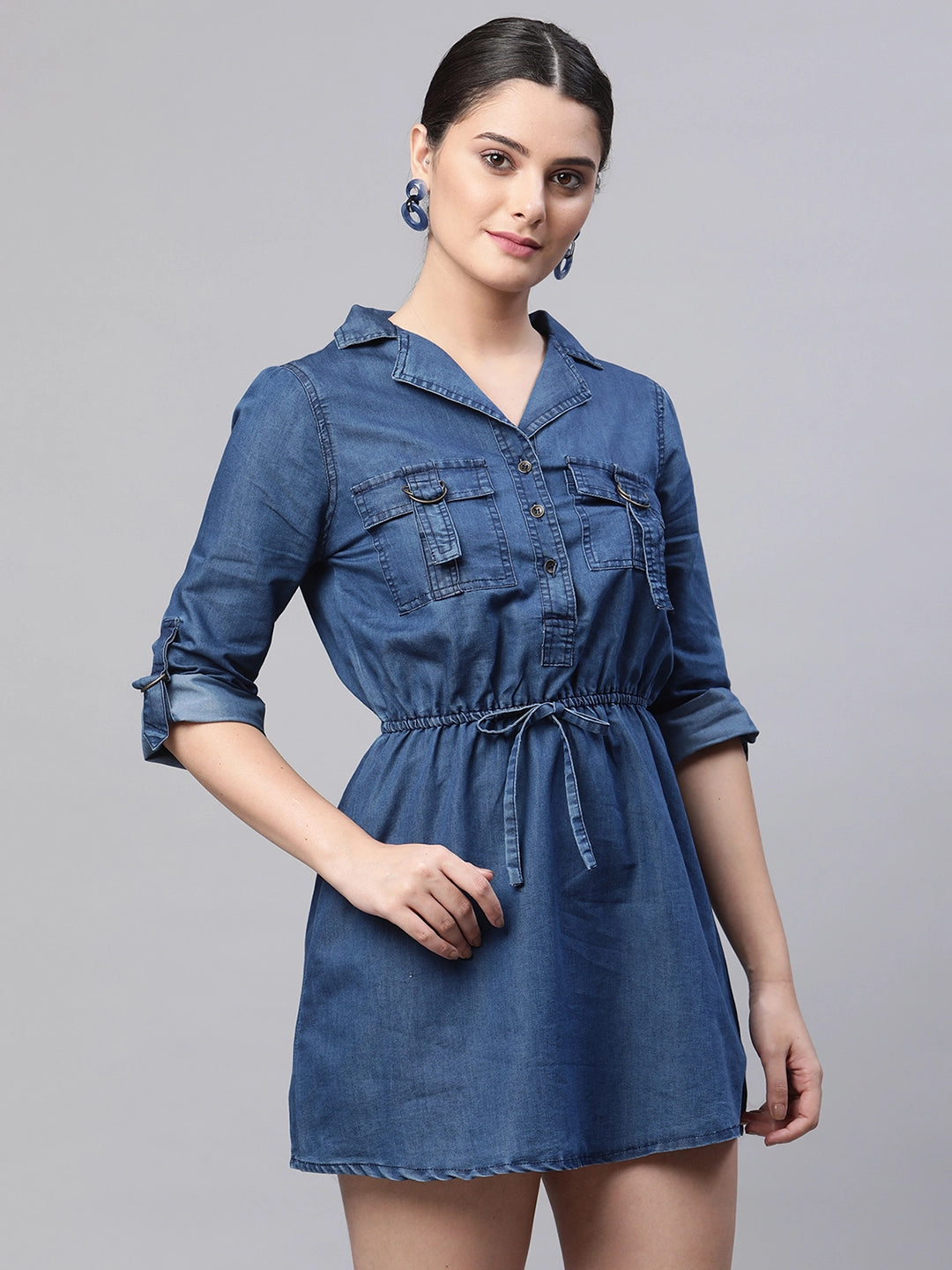 Buy BLUE BUTTON-DOWN BELTED SHIRT DRESS for Women Online in India