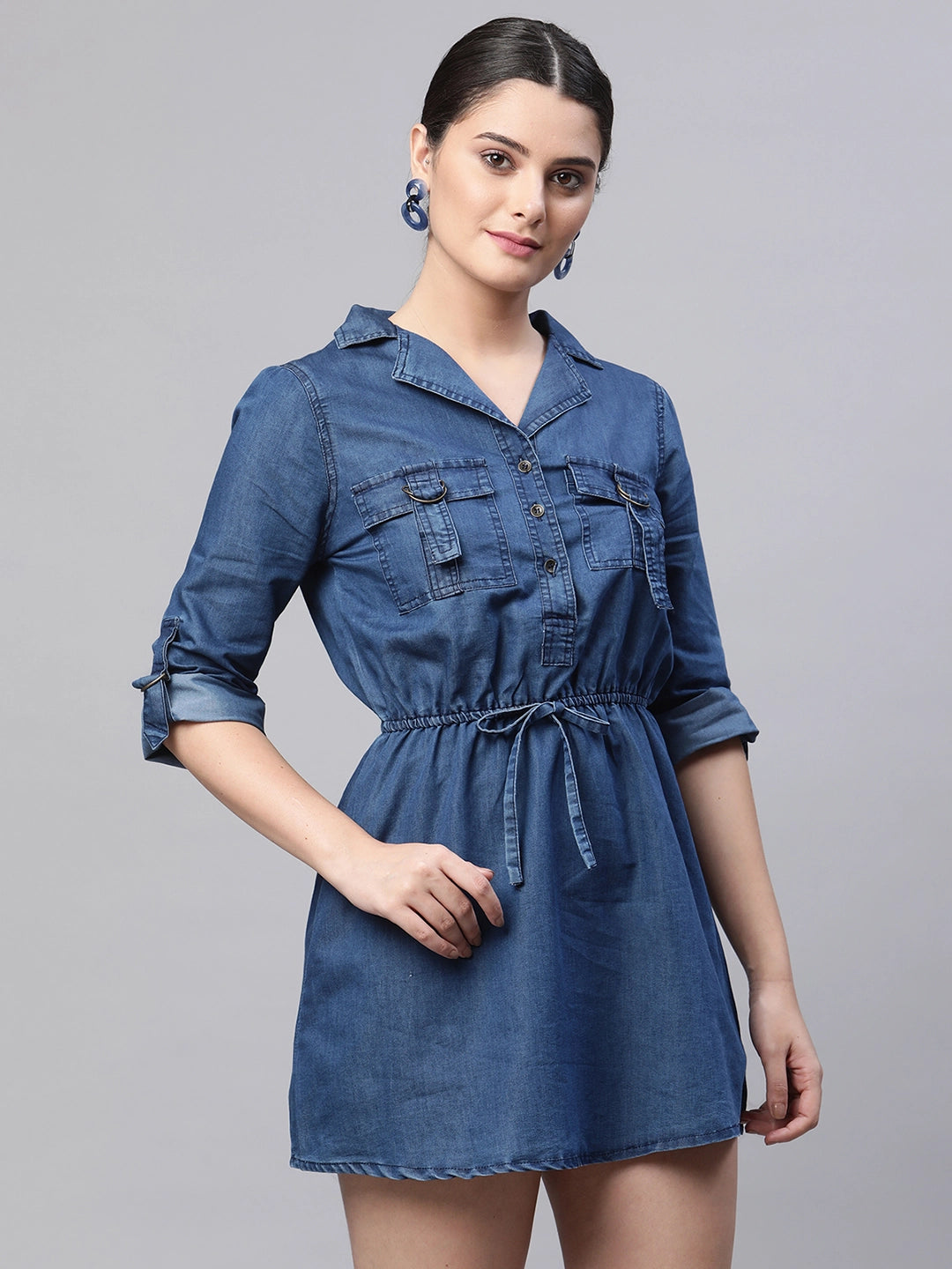 women notch collar folded quarter sleeves dark blue solid regular fit denim dress