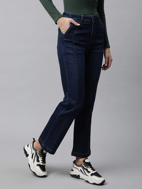 Women Blue Centre Seam Detail Straight Leg Mid Rise Jeans