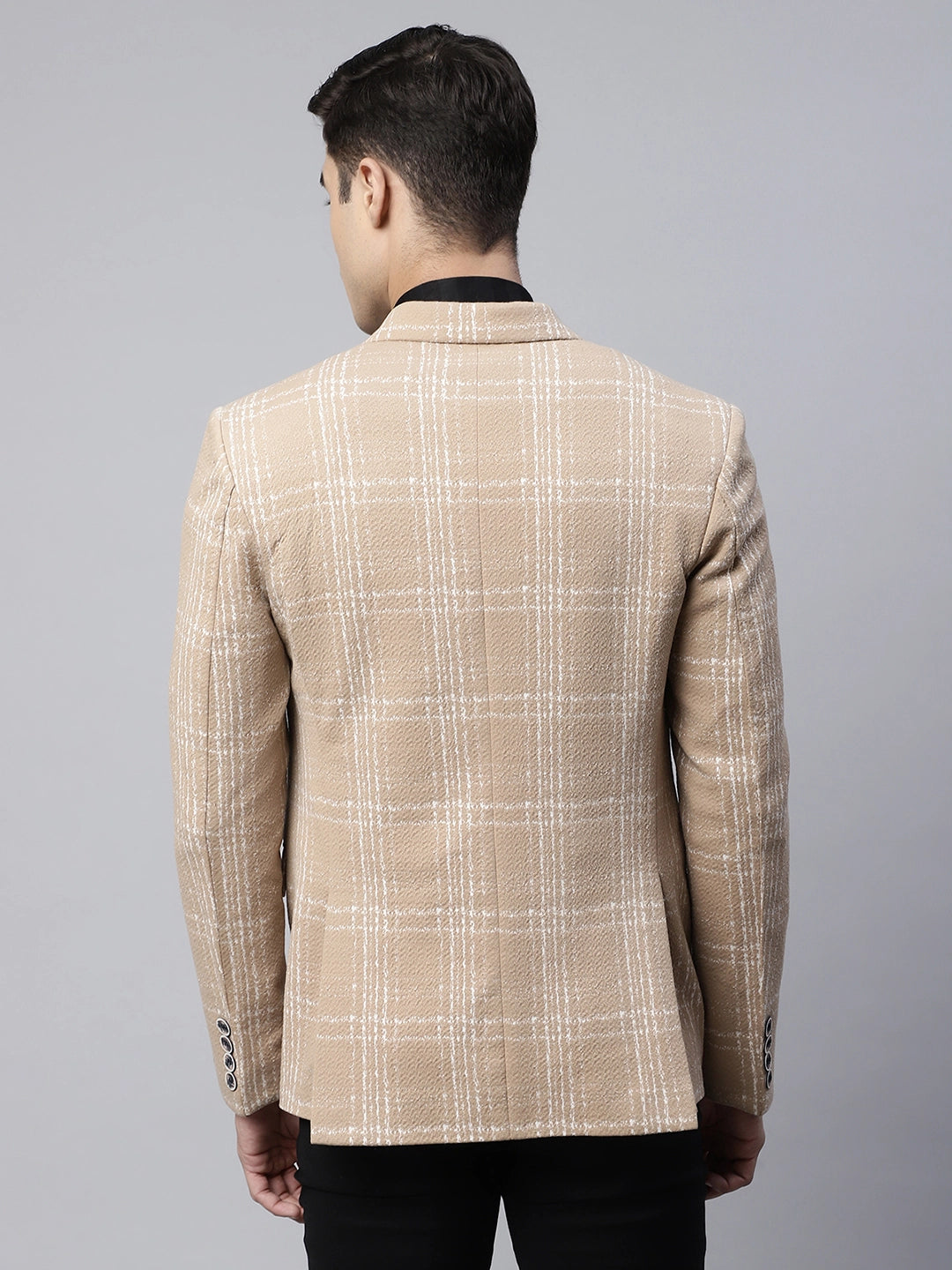 Mens Beige Tailored Fit Textured Check Pattern Coat - Global Republic