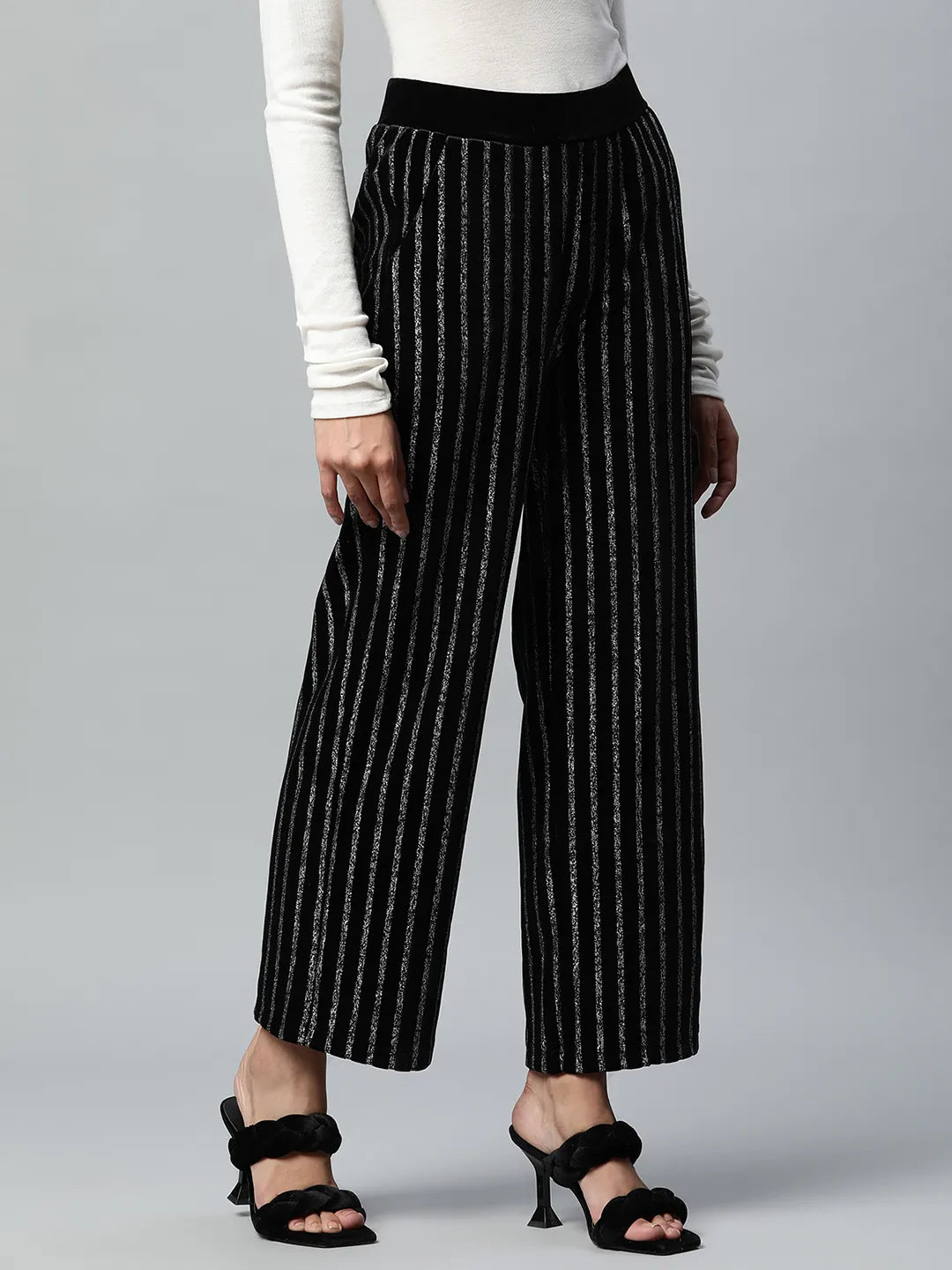 Black Striped Foil Printed Velvet Trousers